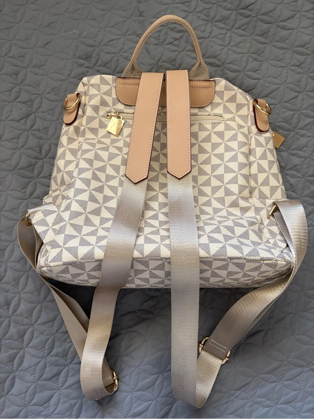 Beige Geometric Women's Backpack Purse with Matching Pouch - Contemporary Style